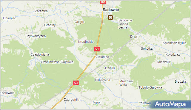 mapa Zieleniec gmina Sadowne, Zieleniec gmina Sadowne na mapie Targeo