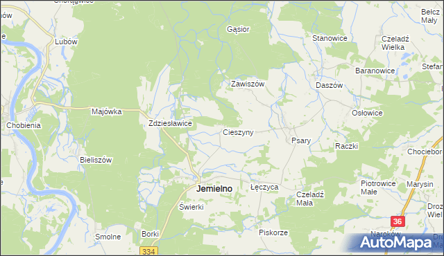 mapa Cieszyny gmina Jemielno, Cieszyny gmina Jemielno na mapie Targeo