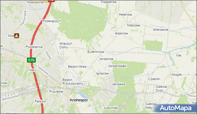 mapa Jordanów gmina Brzeziny, Jordanów gmina Brzeziny na mapie Targeo