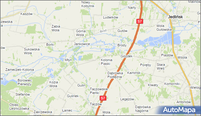 mapa Kolonia Piaski gmina Zakrzew, Kolonia Piaski gmina Zakrzew na mapie Targeo