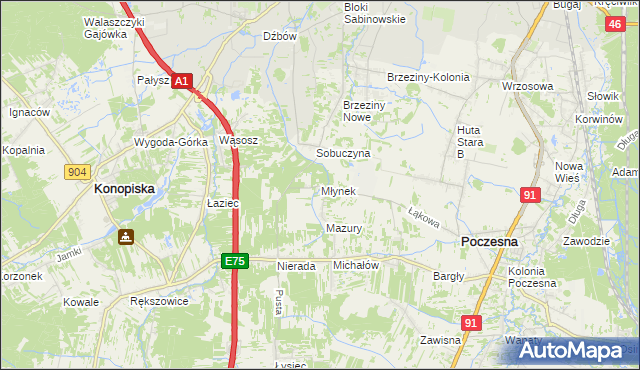 mapa Młynek gmina Poczesna, Młynek gmina Poczesna na mapie Targeo