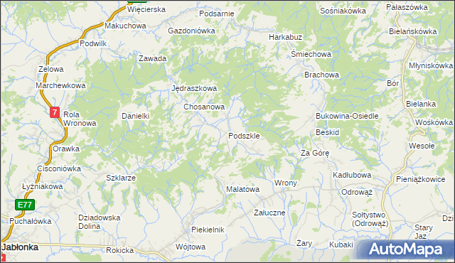 mapa Podszkle gmina Czarny Dunajec, Podszkle gmina Czarny Dunajec na mapie Targeo