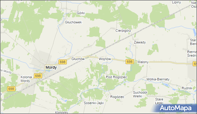 mapa Wojnów gmina Mordy, Wojnów gmina Mordy na mapie Targeo