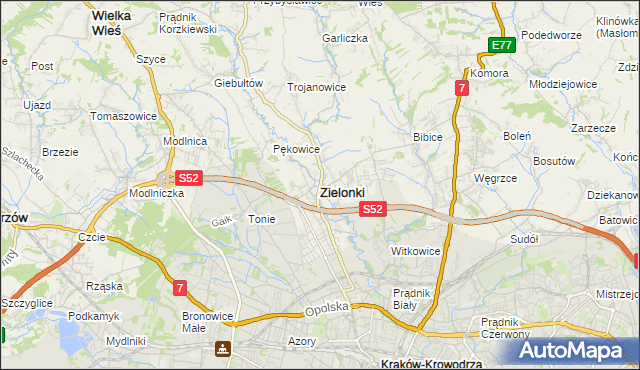 mapa Zielonki powiat krakowski, Zielonki powiat krakowski na mapie Targeo