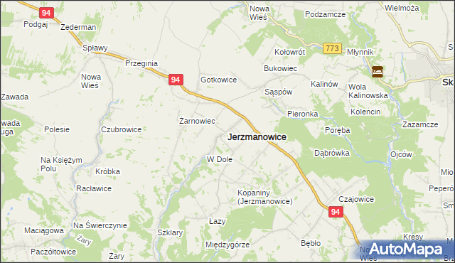 mapa Jerzmanowice gmina Jerzmanowice-Przeginia, Jerzmanowice gmina Jerzmanowice-Przeginia na mapie Targeo