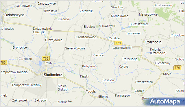 mapa Krępice gmina Skalbmierz, Krępice gmina Skalbmierz na mapie Targeo