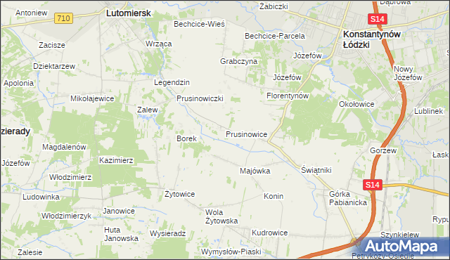 mapa Prusinowice gmina Lutomiersk, Prusinowice gmina Lutomiersk na mapie Targeo