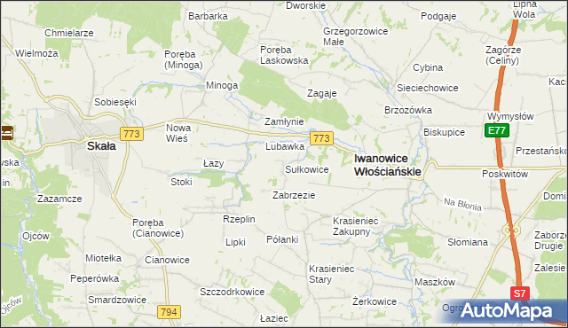 mapa Sułkowice gmina Iwanowice, Sułkowice gmina Iwanowice na mapie Targeo