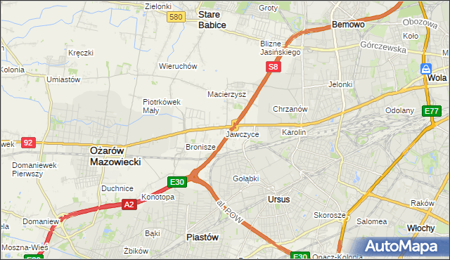 mapa Jawczyce gmina Ożarów Mazowiecki, Jawczyce gmina Ożarów Mazowiecki na mapie Targeo