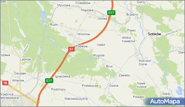 mapa Wygoda gmina Jędrzejów, Wygoda gmina Jędrzejów na mapie Targeo