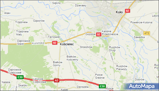 mapa Straszków gmina Kościelec, Straszków gmina Kościelec na mapie Targeo