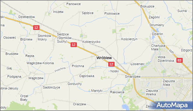 mapa Wróblew powiat sieradzki, Wróblew powiat sieradzki na mapie Targeo