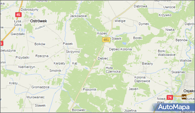 mapa Dębiec gmina Ostrówek, Dębiec gmina Ostrówek na mapie Targeo