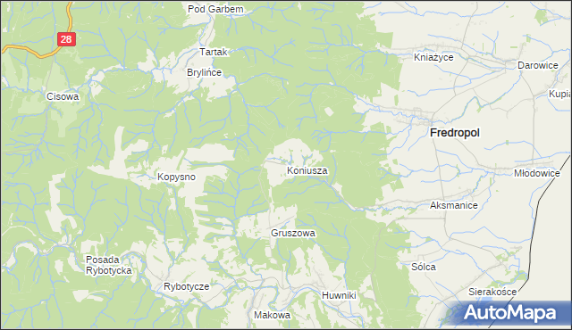 mapa Koniusza gmina Fredropol, Koniusza gmina Fredropol na mapie Targeo