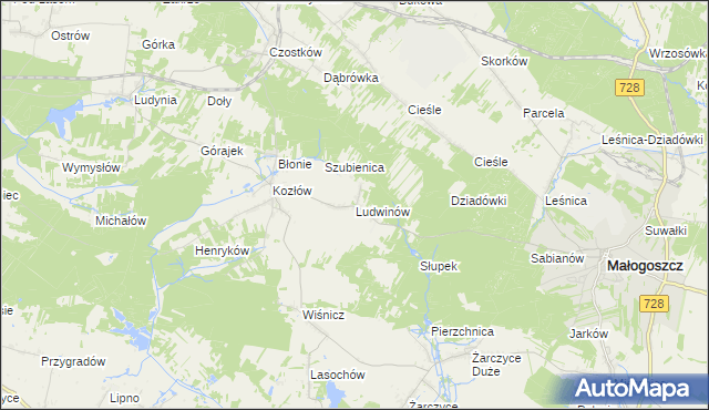 mapa Ludwinów gmina Małogoszcz, Ludwinów gmina Małogoszcz na mapie Targeo