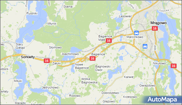 mapa Bagienice gmina Mrągowo, Bagienice gmina Mrągowo na mapie Targeo