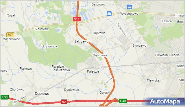 mapa Dąbrówka gmina Dopiewo, Dąbrówka gmina Dopiewo na mapie Targeo