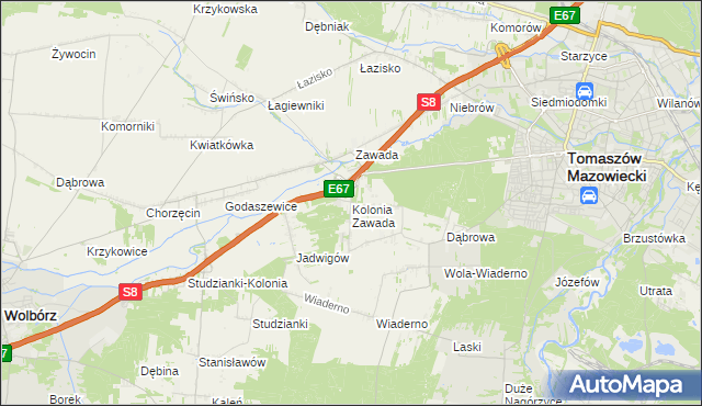 mapa Kolonia Zawada gmina Tomaszów Mazowiecki, Kolonia Zawada gmina Tomaszów Mazowiecki na mapie Targeo