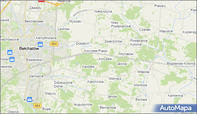 mapa Korczew gmina Bełchatów, Korczew gmina Bełchatów na mapie Targeo