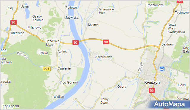 mapa Korzeniewo gmina Kwidzyn, Korzeniewo gmina Kwidzyn na mapie Targeo