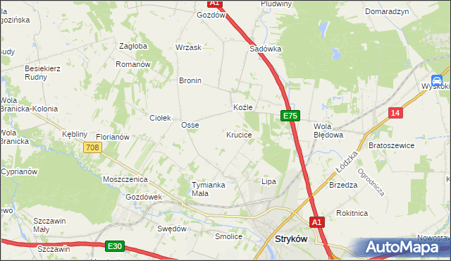 mapa Krucice gmina Stryków, Krucice gmina Stryków na mapie Targeo