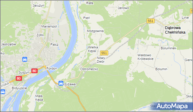 mapa Nowy Dwór gmina Dąbrowa Chełmińska, Nowy Dwór gmina Dąbrowa Chełmińska na mapie Targeo