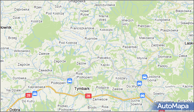 mapa Piekiełko gmina Tymbark, Piekiełko gmina Tymbark na mapie Targeo