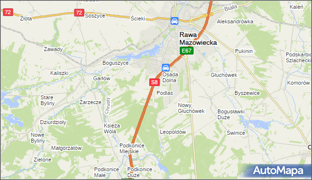 mapa Podlas gmina Rawa Mazowiecka, Podlas gmina Rawa Mazowiecka na mapie Targeo