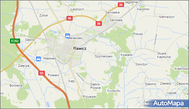 mapa Szymanowo gmina Rawicz, Szymanowo gmina Rawicz na mapie Targeo