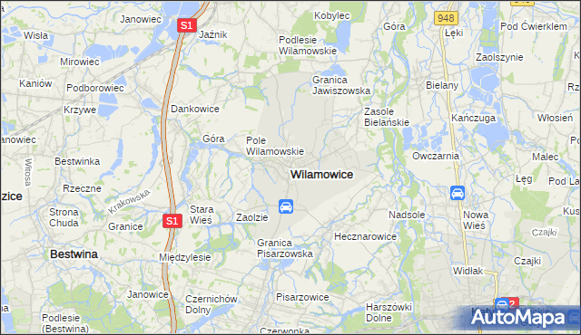 mapa Wilamowice powiat bielski, Wilamowice powiat bielski na mapie Targeo