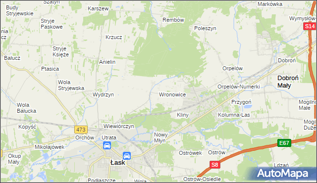 mapa Wronowice gmina Łask, Wronowice gmina Łask na mapie Targeo