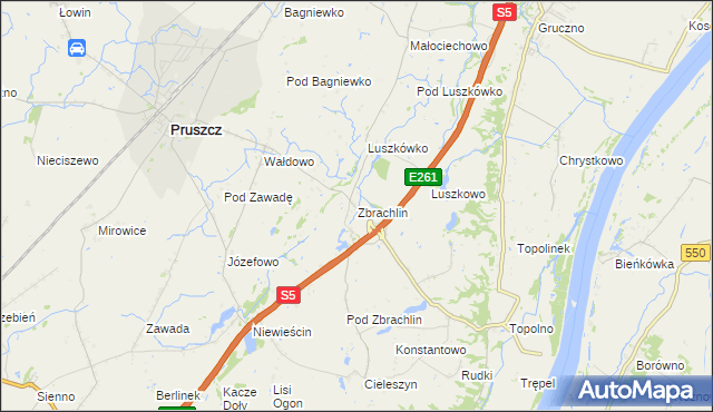 mapa Zbrachlin gmina Pruszcz, Zbrachlin gmina Pruszcz na mapie Targeo