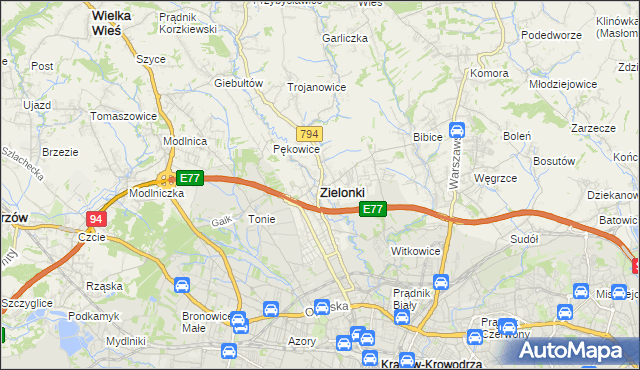 mapa Zielonki powiat krakowski, Zielonki powiat krakowski na mapie Targeo