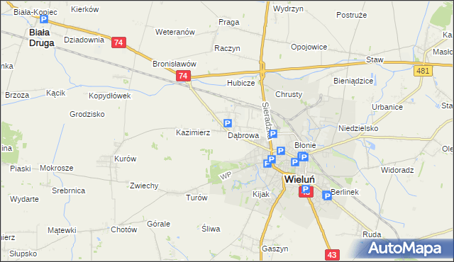 mapa Dąbrowa gmina Wieluń, Dąbrowa gmina Wieluń na mapie Targeo