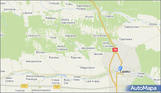 mapa Jakubówka gmina Lipsko, Jakubówka gmina Lipsko na mapie Targeo