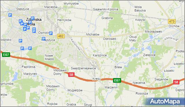 mapa Karsznice gmina Zduńska Wola, Karsznice gmina Zduńska Wola na mapie Targeo