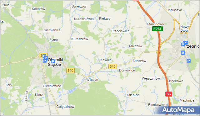 mapa Kowale gmina Oborniki Śląskie, Kowale gmina Oborniki Śląskie na mapie Targeo