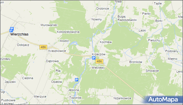 mapa Krzeczów gmina Wierzchlas, Krzeczów gmina Wierzchlas na mapie Targeo