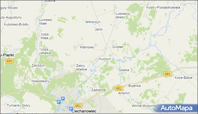mapa Kuczyn gmina Klukowo, Kuczyn gmina Klukowo na mapie Targeo