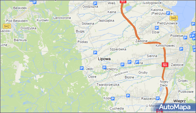 mapa Lipowa powiat żywiecki, Lipowa powiat żywiecki na mapie Targeo