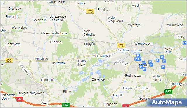 mapa Mikołajówek gmina Łask, Mikołajówek gmina Łask na mapie Targeo