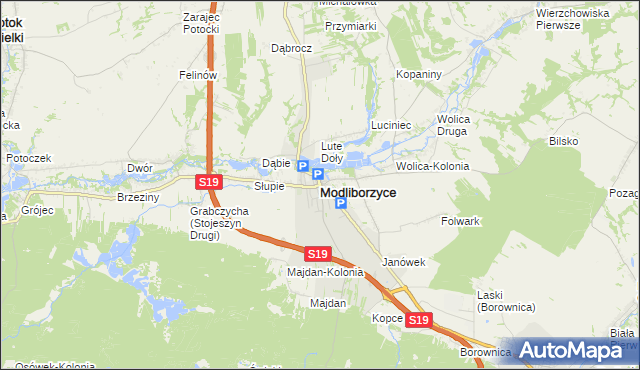 mapa Modliborzyce powiat janowski, Modliborzyce powiat janowski na mapie Targeo