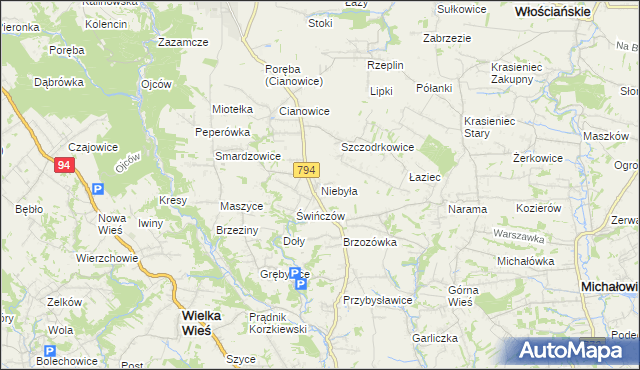 mapa Niebyła gmina Skała, Niebyła gmina Skała na mapie Targeo