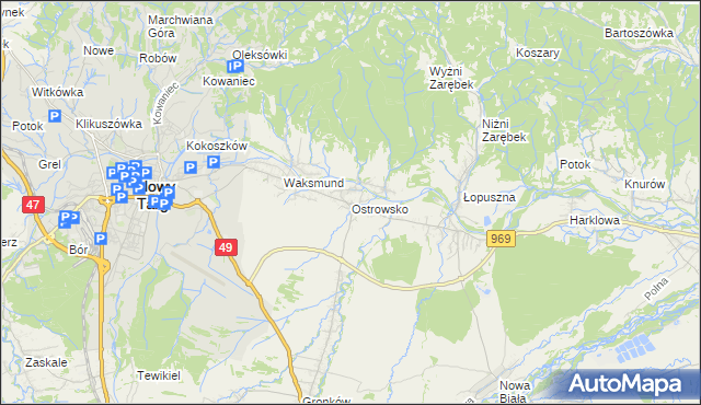 mapa Ostrowsko gmina Nowy Targ, Ostrowsko gmina Nowy Targ na mapie Targeo