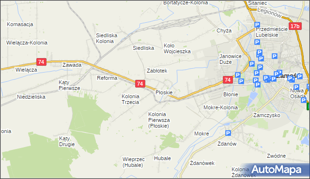 mapa Płoskie gmina Zamość, Płoskie gmina Zamość na mapie Targeo