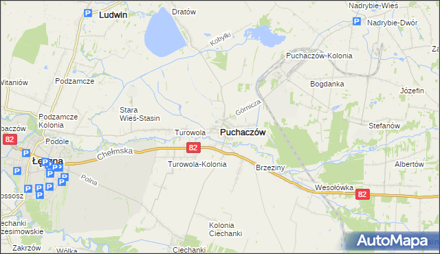 mapa Puchaczów powiat łęczyński, Puchaczów powiat łęczyński na mapie Targeo