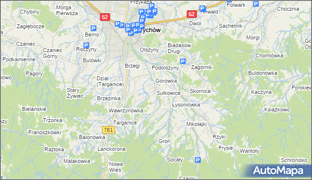 mapa Sułkowice gmina Andrychów, Sułkowice gmina Andrychów na mapie Targeo