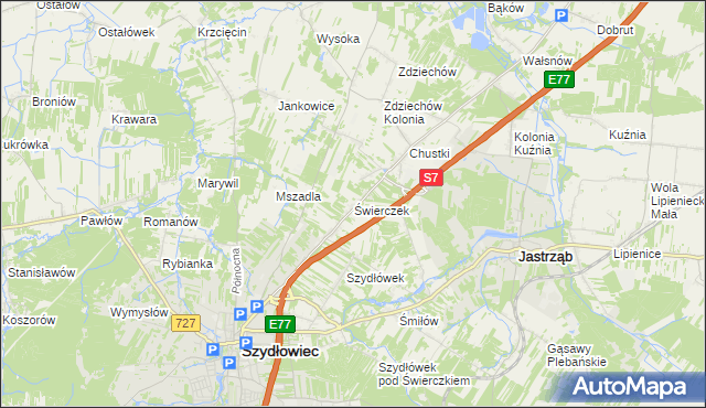 mapa Świerczek gmina Szydłowiec, Świerczek gmina Szydłowiec na mapie Targeo