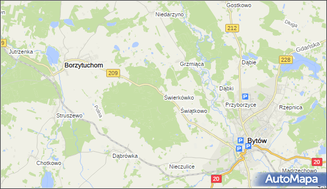 mapa Świerkówko gmina Bytów, Świerkówko gmina Bytów na mapie Targeo