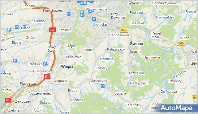 mapa Trzebinia gmina Świnna, Trzebinia gmina Świnna na mapie Targeo